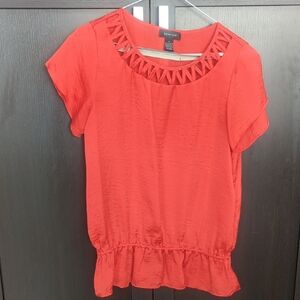 Spende Vibrant Red Orange Blouse with Geometric Cutout Elastic Waist - S